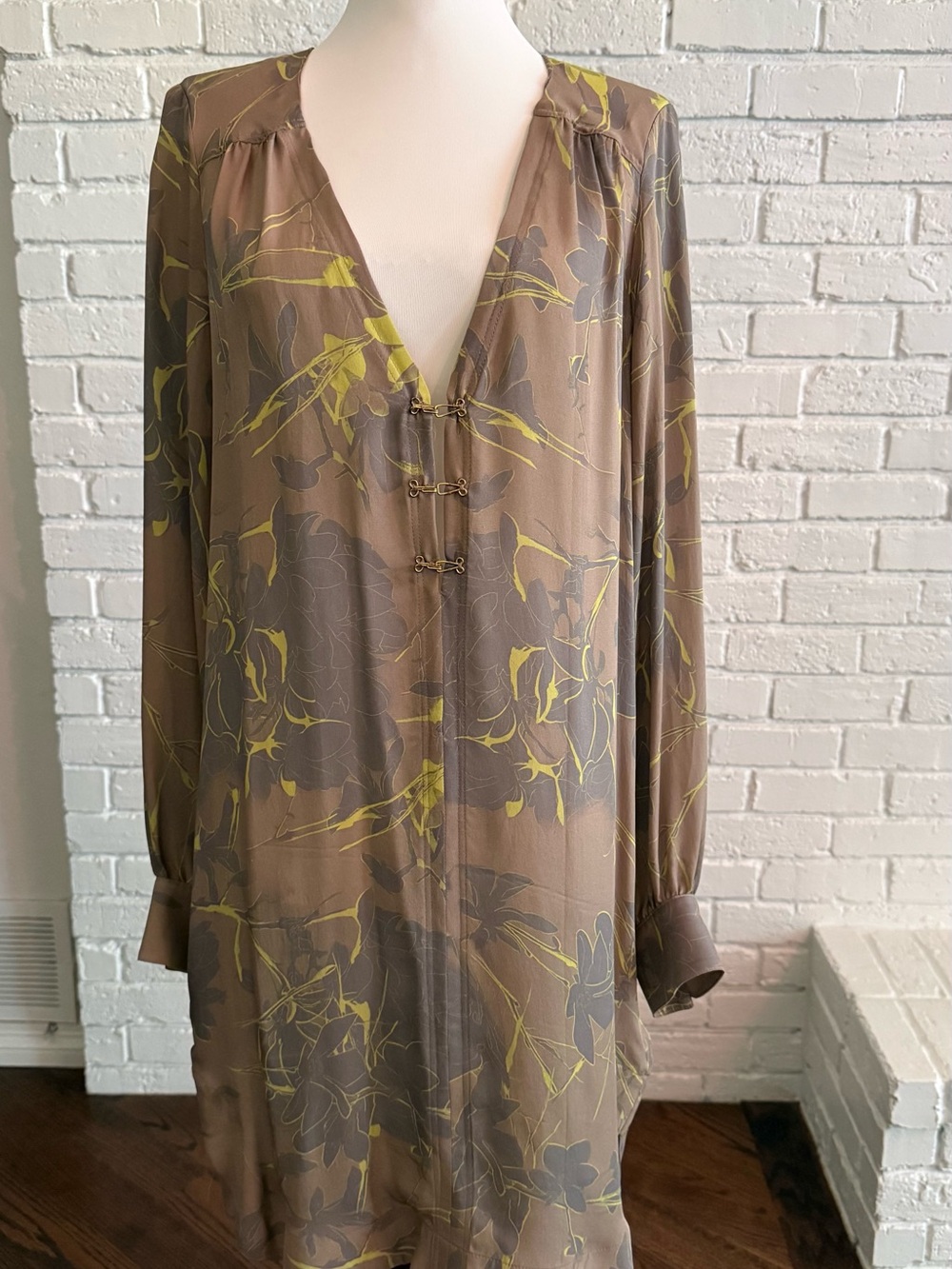 Brown Floral-Print Silk Long-Sleeve Dress